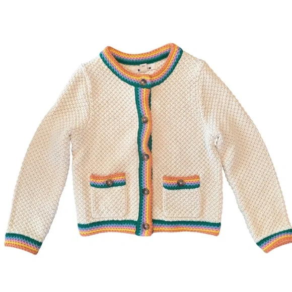 Boden Girls Knit Cardigan 6-7 | Cream w/ Rainbow Trim | NWOT - Picture 1 of 5